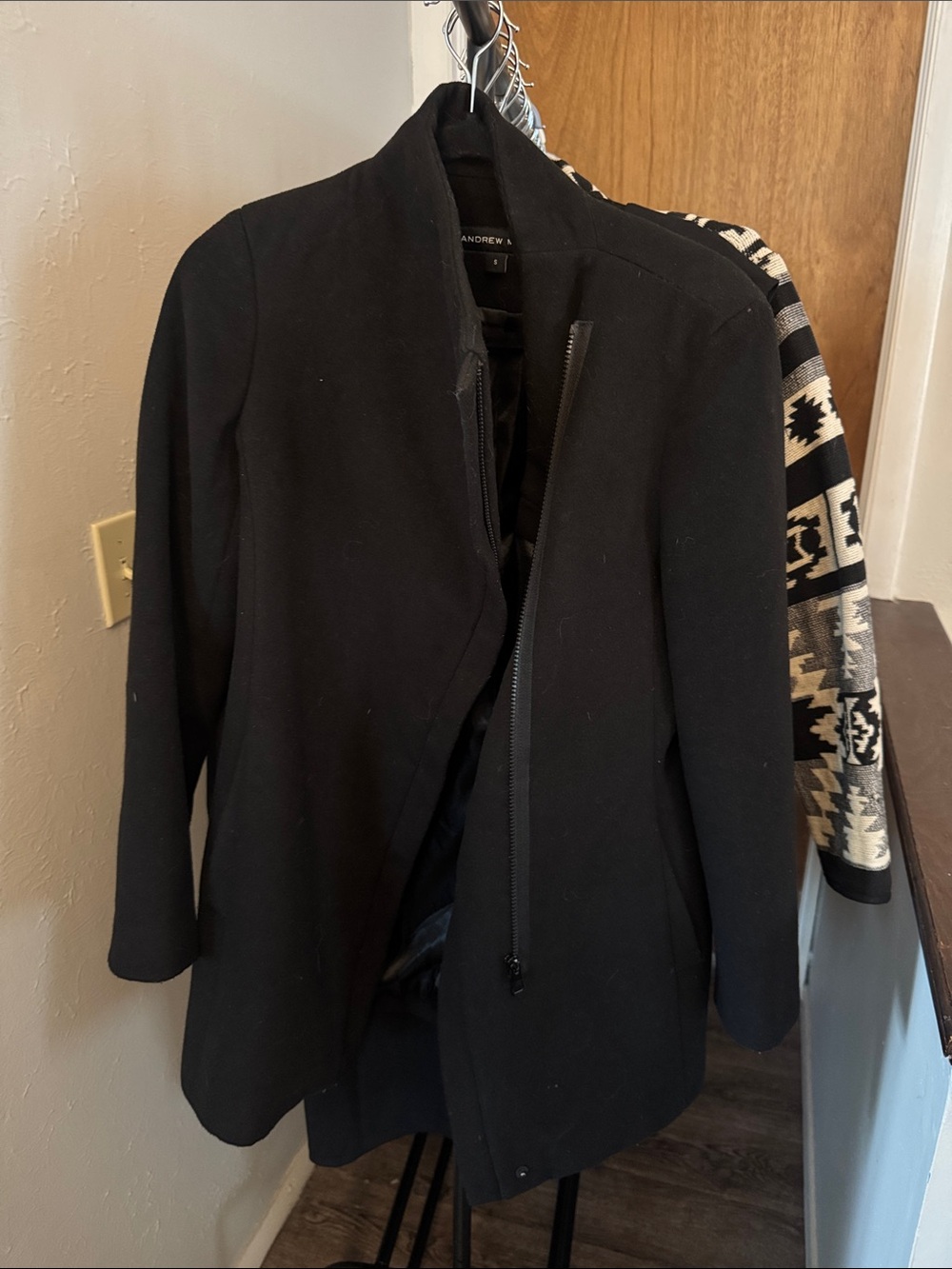 Andrew Marc Black Asymmetric Zip Trench Coat